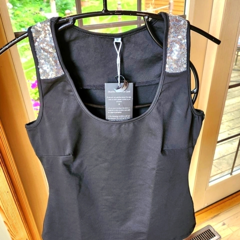 Hiistandd Womens Black Sequin Shoulder Tank Top Silver Sparkle Scoop Neck Size M